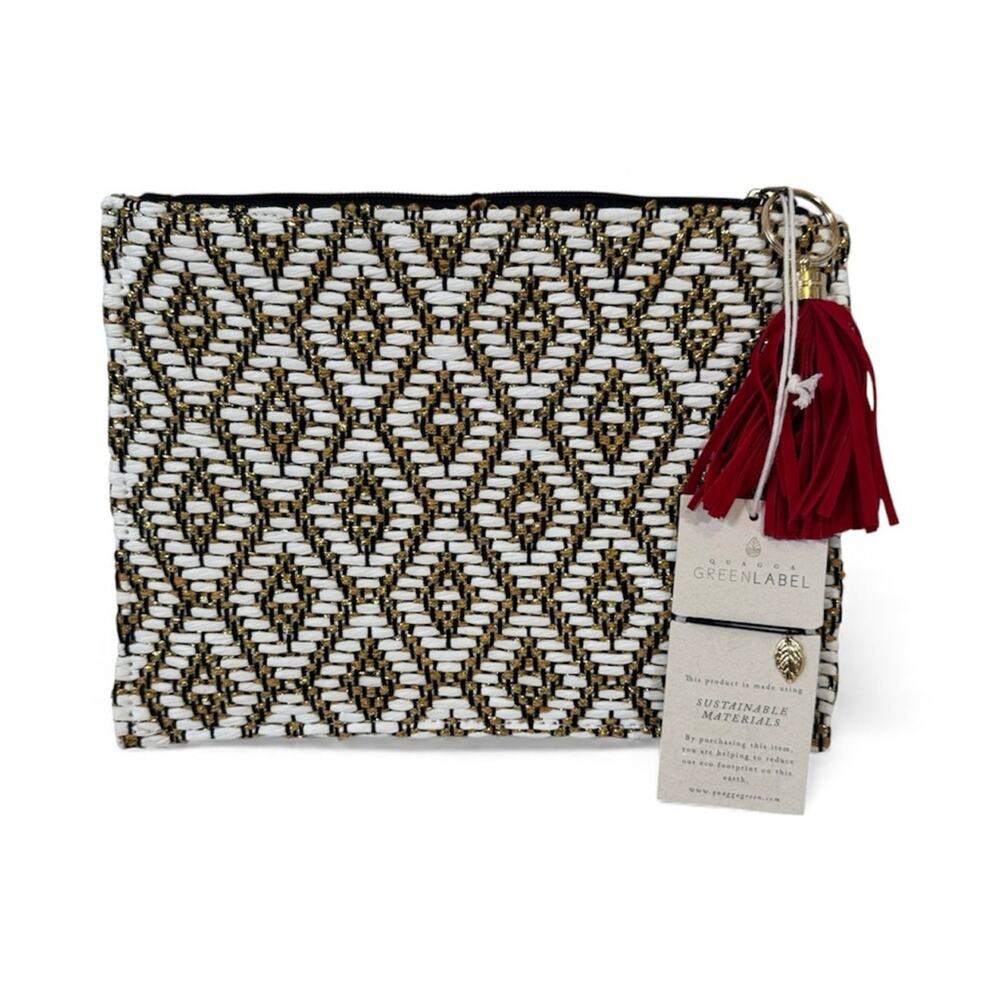 Quagga Green Label Party Clutch Black White Gold Woven Red Tassel Boho Purse